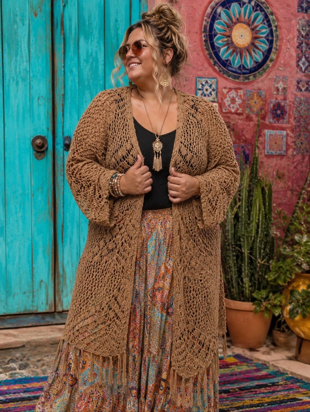 Heyson Plus-Size 3x: Oversized Open-Weave Fringe Cardigan Shrug - Brown